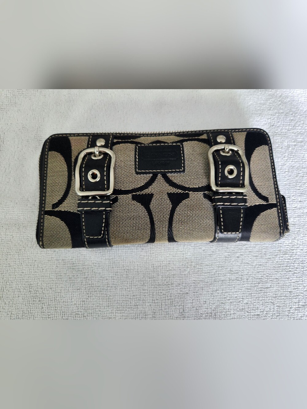 COACH Tan/Black Signature Canvas Clutch with Leather Trim
